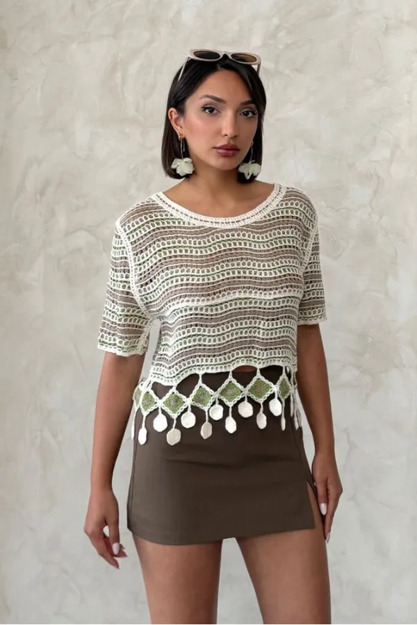 Topshow Emerald Mesh Bottom Pompom Wholesale Blouse