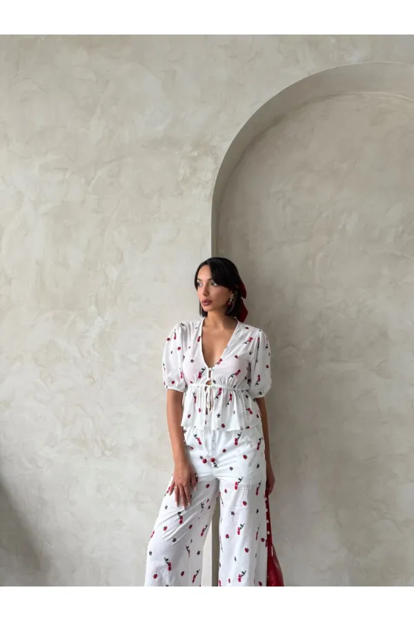 Nakışlı Vual Bluz - Kırmızı | Topshow