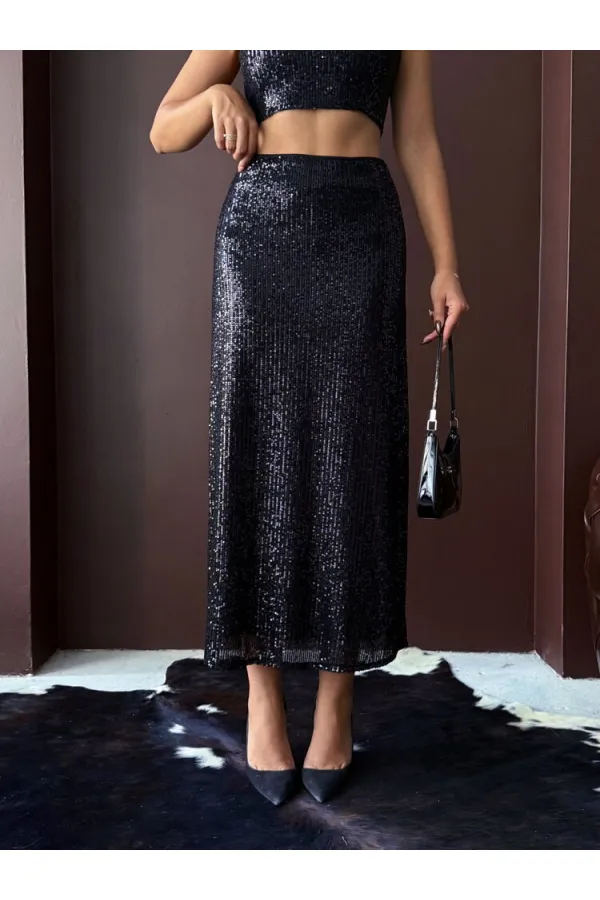 Topshow Siyah Payetli Uzun Etek - Yüksek Bel, Şık Gece Elbisesi Kombini