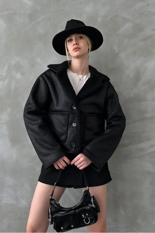 Manteau noir à col en fourrure nubuck (vente en gros) | TOPSHOW | F1553