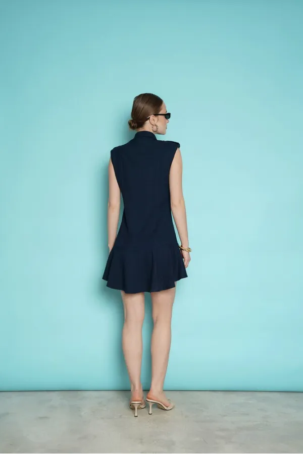 Sleeveless Mini Wholesale Dress with Shoulder Epaulets - Navy Blue | D2974 - Topshow