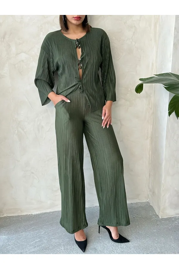 Pantalon plissé en gros - Kaki | Topshow