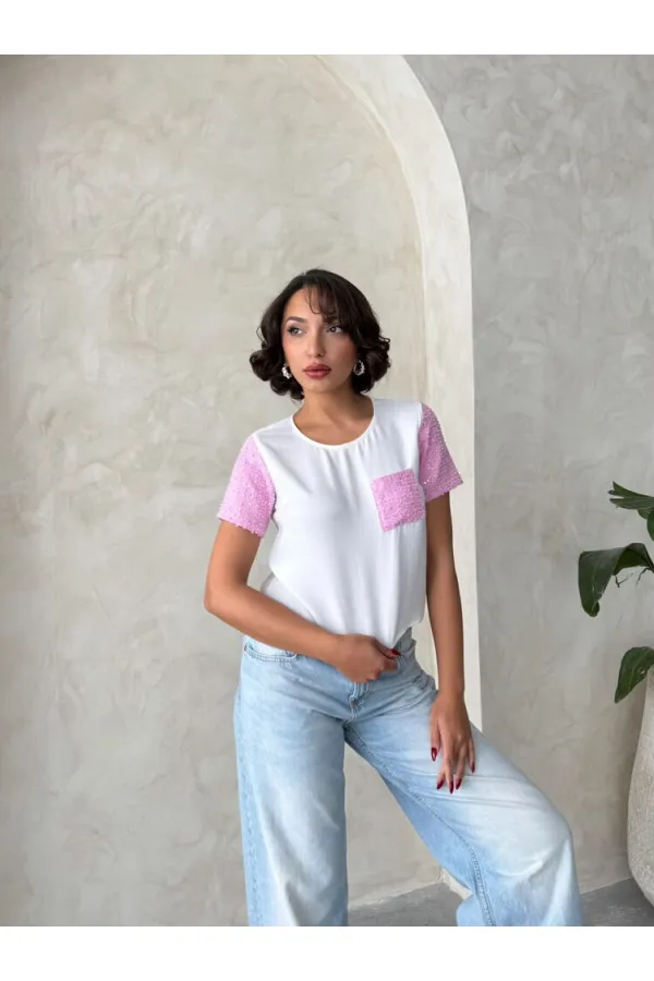 Denim Detailed Wholesale T-Shirt - Cream Pink | Topshow