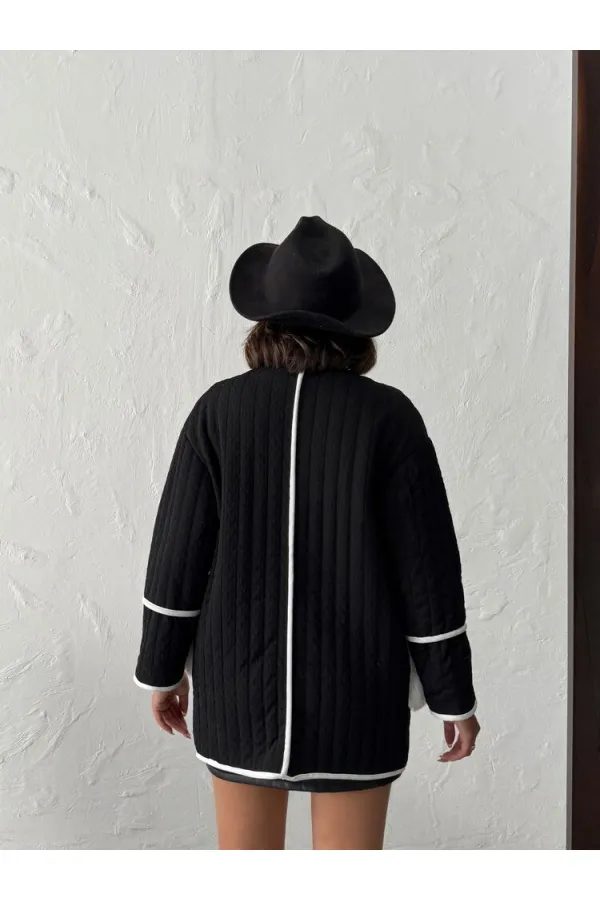 Topshow - Toptan Peluş Cep Detaylı Kapitone Ceket - Siyah