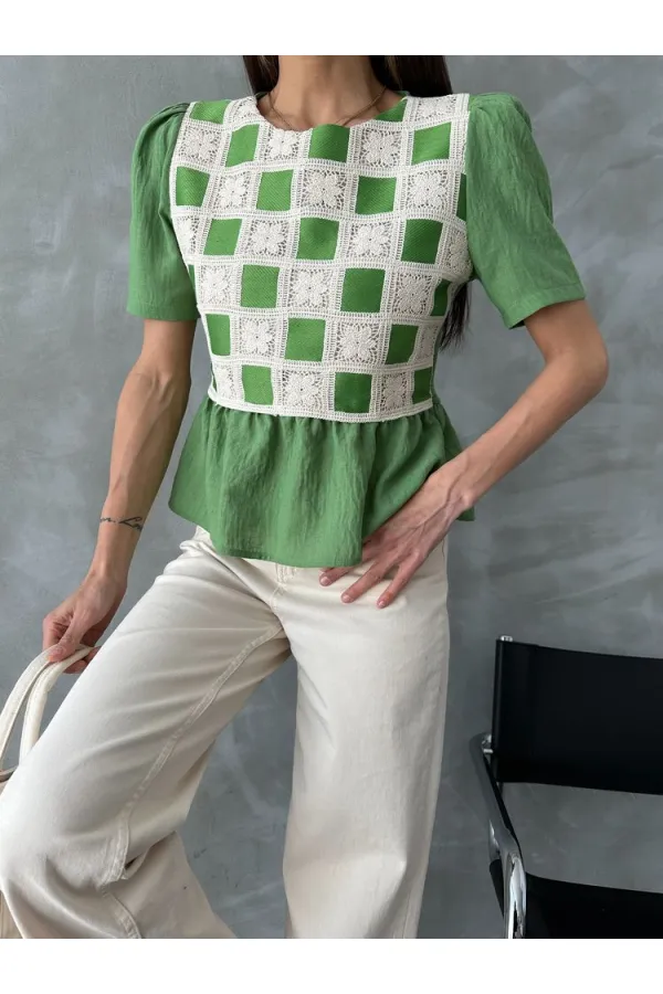 Topshow Zümrüt Zümrüt Dantel Detaylı Toptan Bluz
