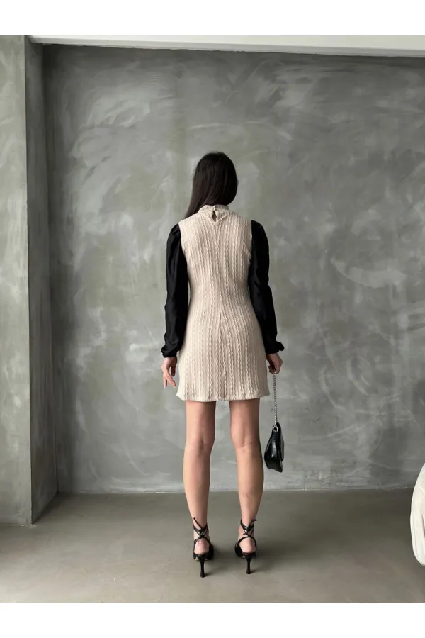 Leather Sleeved Turtleneck Knee-Length Wholesale Dress - Stone | TOPSHOW | F1143