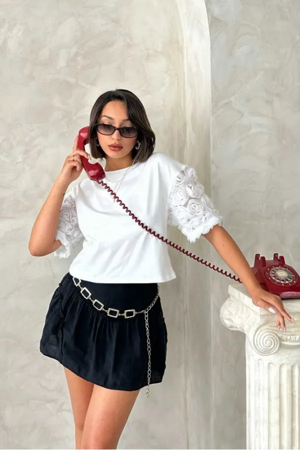 Sleeve Detailed T-Shirt - Cream Topshow