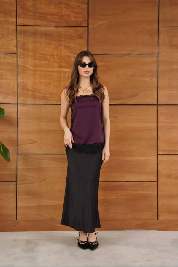 D 2931 LACE DETAILED STRAPLESS SATIN TUNIC - BURGUNDY