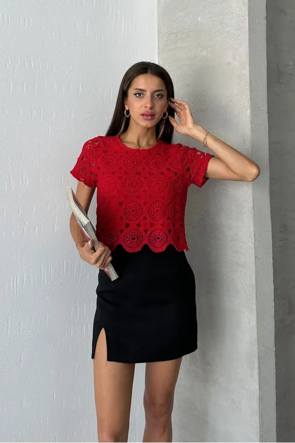 Topshow Kırmızı Güpür Abiye Toptan Bluz