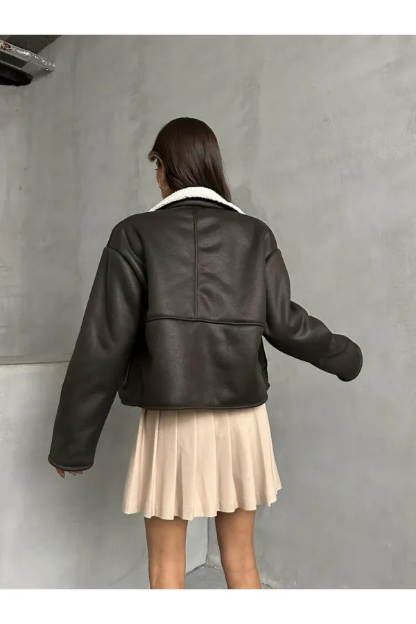 Manteau en nubuck à col en fourrure (vente en gros) - Crème anthracite | TOPSHOW | F1553