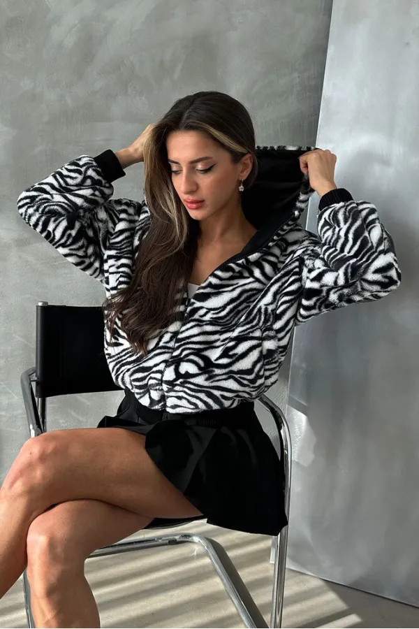 Bakılı Peluj Toptan Mont - Siyah Zebra | TOPSHOW | F1650