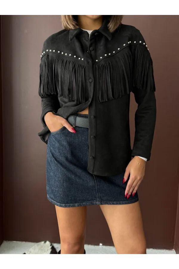 Chemise Topshow à franges en daim scuba - Noir | F2029