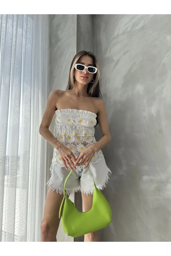 Daisy Patterned Wholesale Bustier - Cream | TOPSHOW