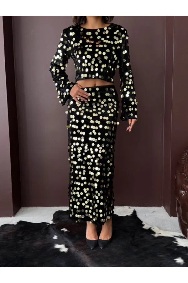 Topshow - Wholesale Sequined Velvet Skirt - Black Gold