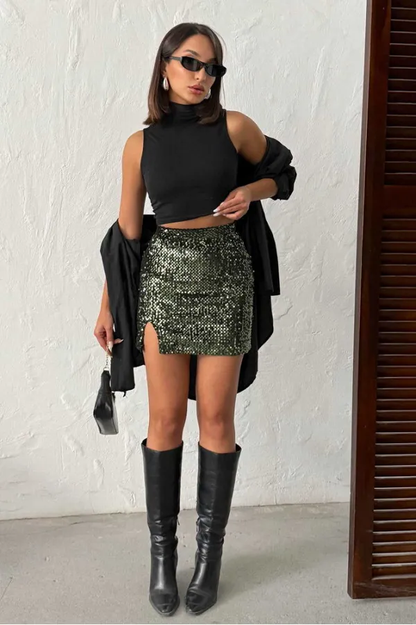 Topshow Sequined Velvet Mini Skirt - Khaki | F2054