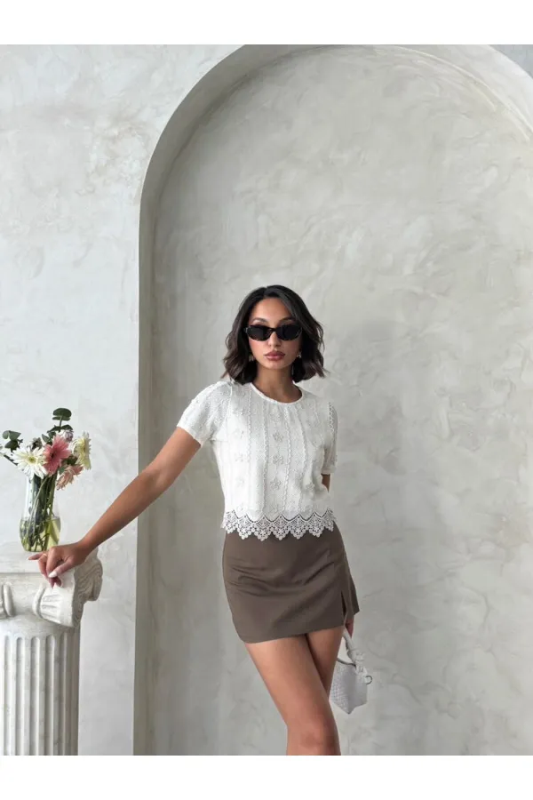 Nakışlı Dantel Bluz - Ham | Topshow