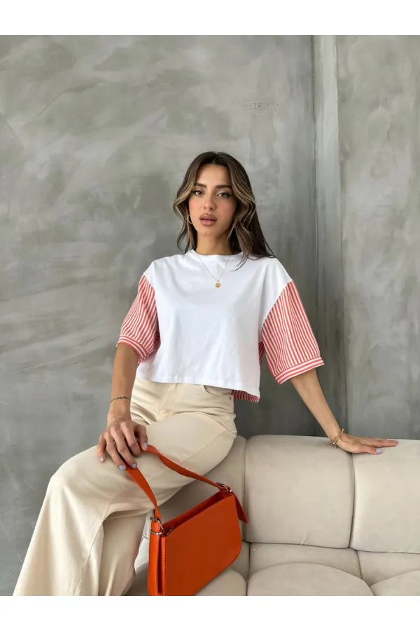 T-shirt Topshow à rayures orange en popeline à manches en gros