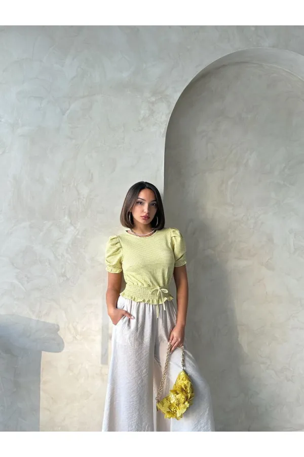 Topshow Fıstık Yeşili Beli Gipeli Pitikareli Toptan Bluz