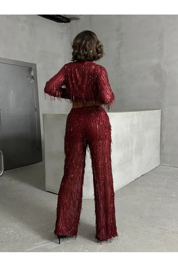 Pullu Tül Toptan Abiye Pantolon - Bordo | TOPSHOW | F1611