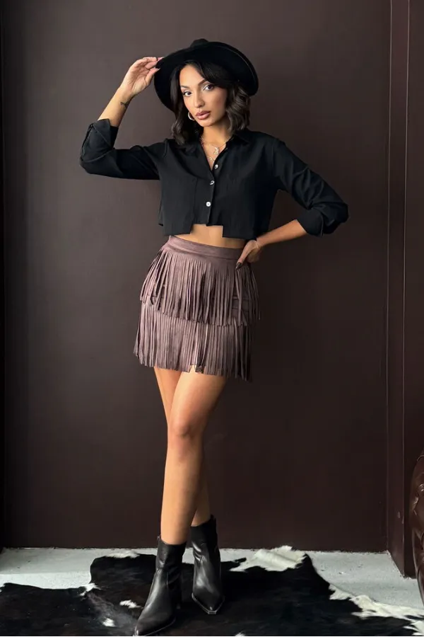 Topshow Tasseled Scuba Suede Skirt - Brown | F2030