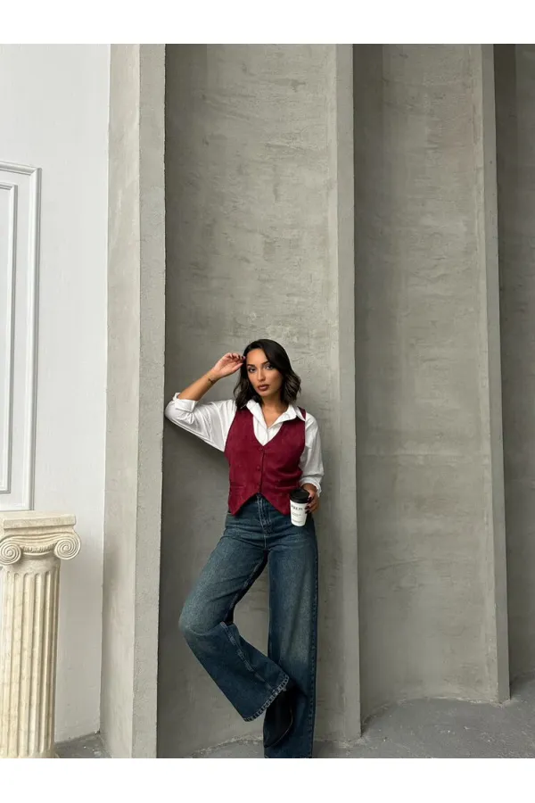 Süet Toptan Yelek - Bordo | TOPSHOW | F1528