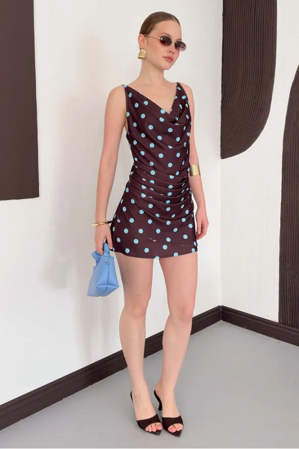 Puantiye Baskılı Elbise - Kahve Turkuaz | D3024 Topshow