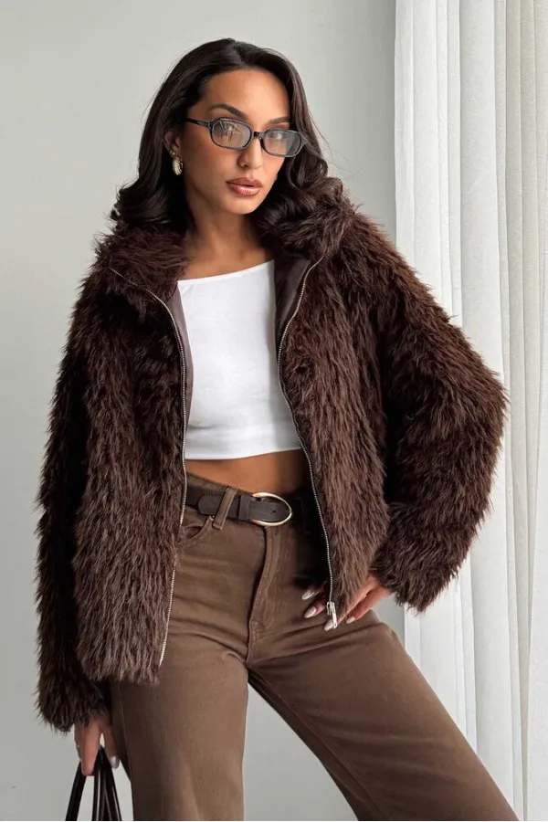 Women's Faux Fur Jacket – Zippered, Soft Textured Modern Winter Coat - DARK BROWN