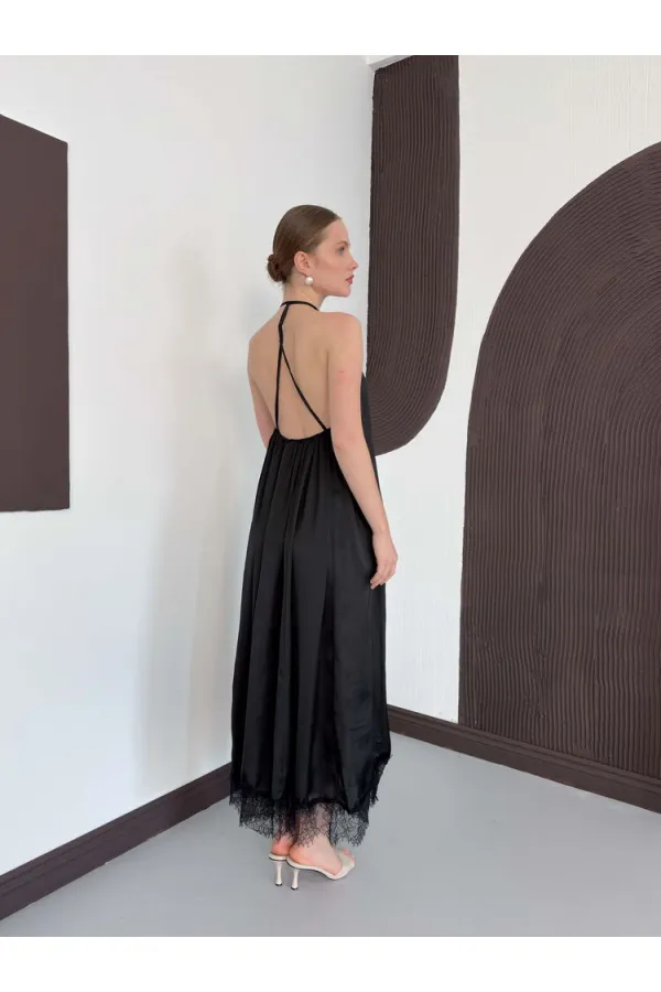 D 3022 DANTEL DETAYLI SATEN ELBİSE - SİYAH