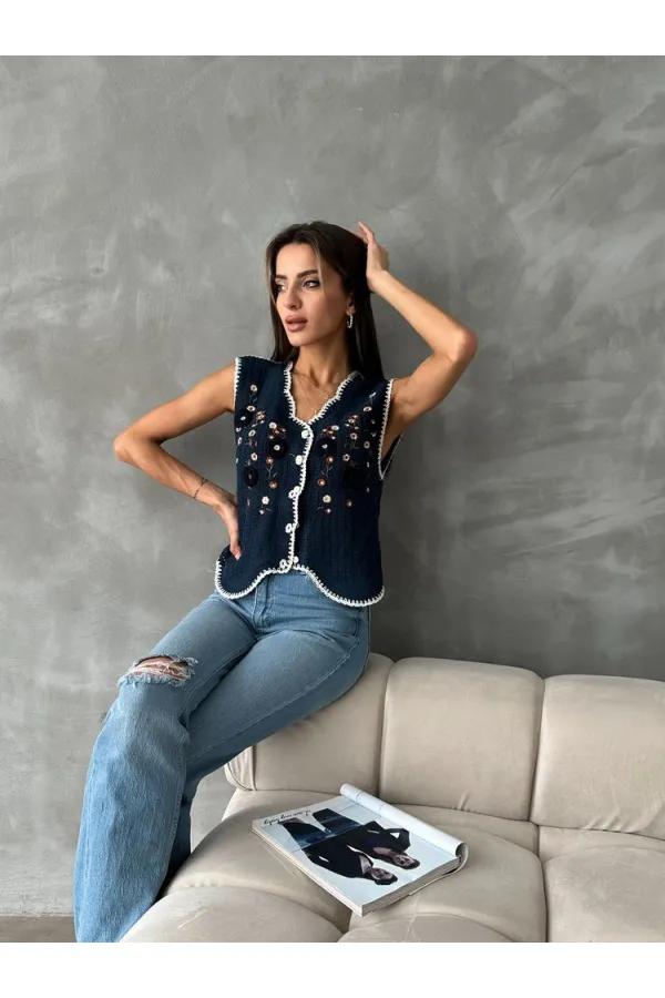 Topshow Lacivert Nakışlı Toptan Yelek