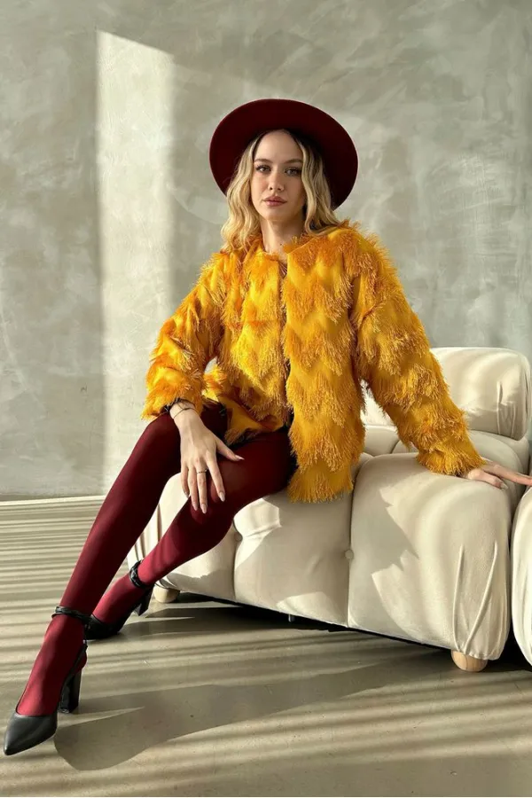 Faux Fur Wholesale Jacket - Mustard | TOPSHOW | F1640