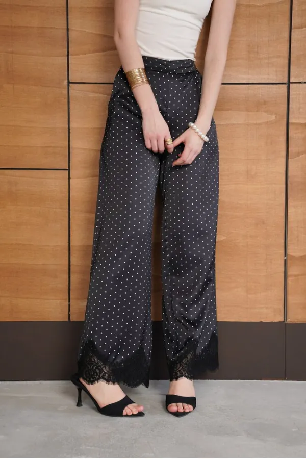 Polka Dot Satin Trousers with Lace Hem - Black | D2970 - Topshow