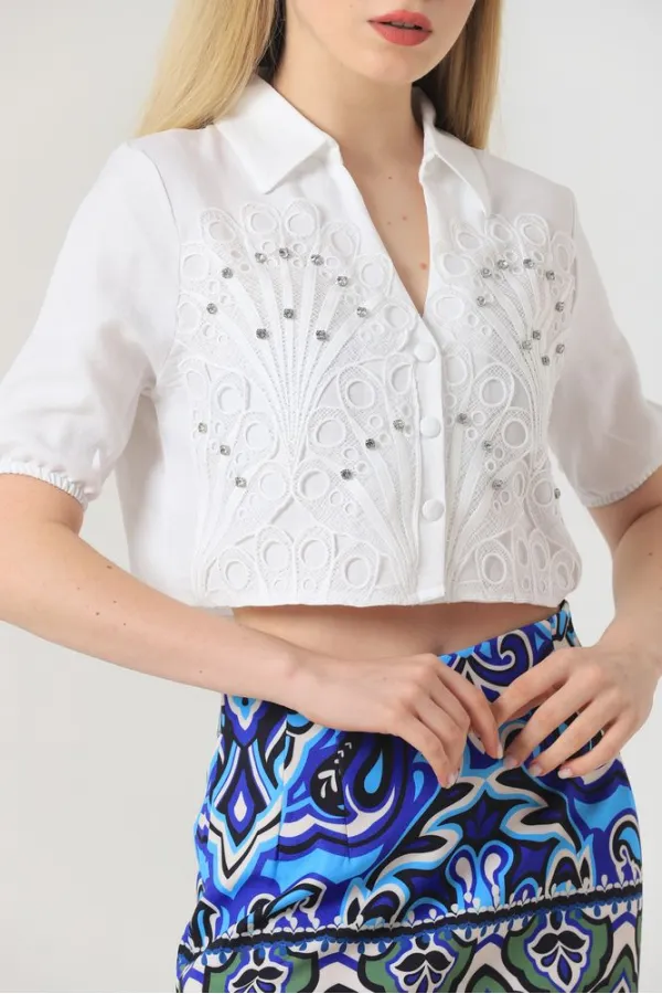 Chemise Topshow crème à motif de feuilles et pierres, vente en gros