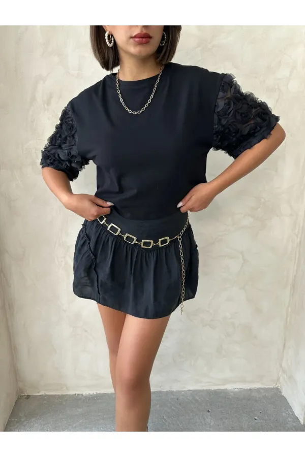 Sleeve Detailed T-Shirt - Black Topshow