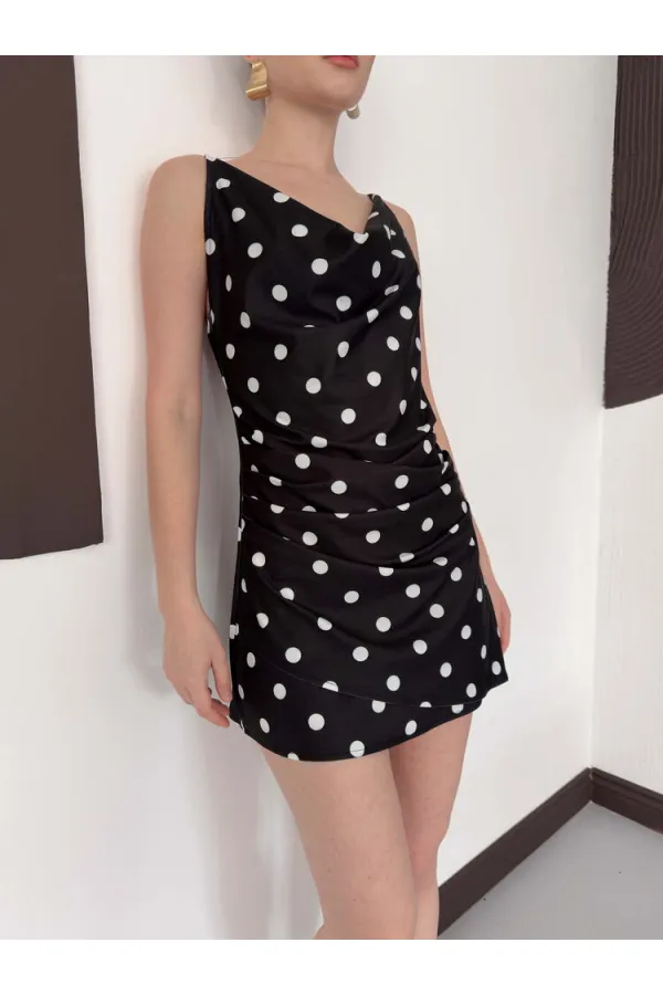 Puantiye Baskılı Elbise - Siyah Krem | D3024 Topshow