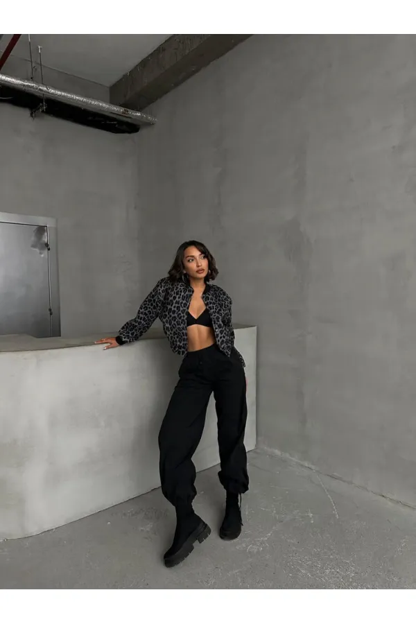 Kaşe Toptan Mont - Gri Leopar | TOPSHOW | F1827