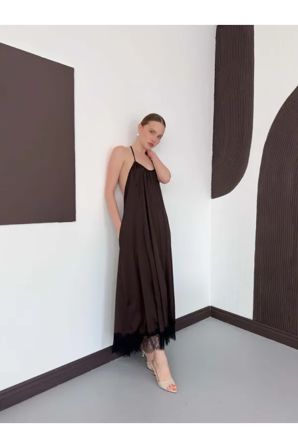 D 3022 DANTEL DETAYLI SATEN ELBİSE - KAHVE