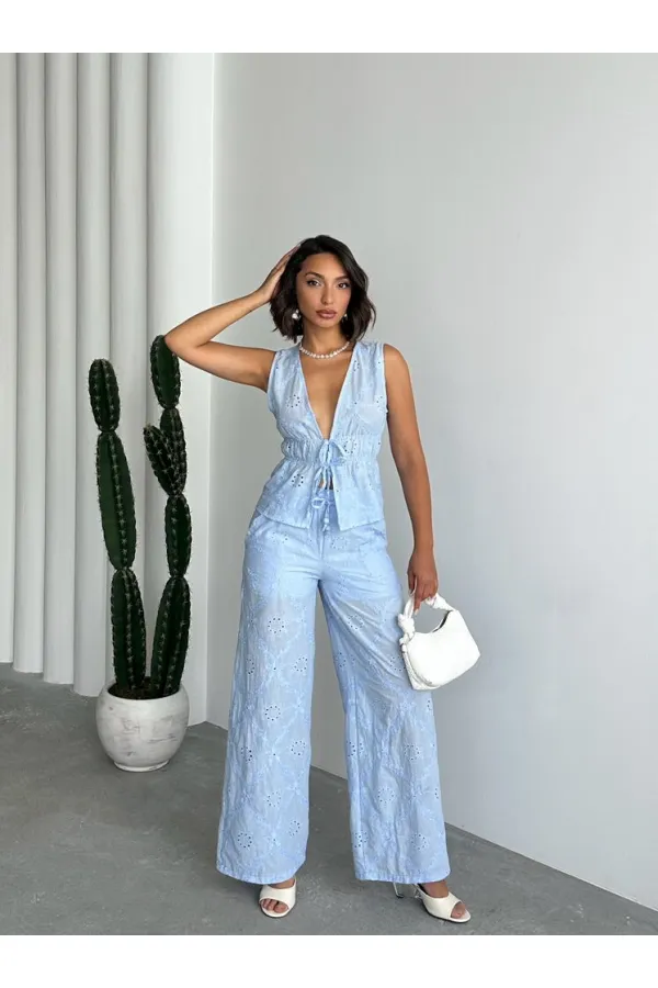 Nakışlı  Pantolon - Mavi | Topshow