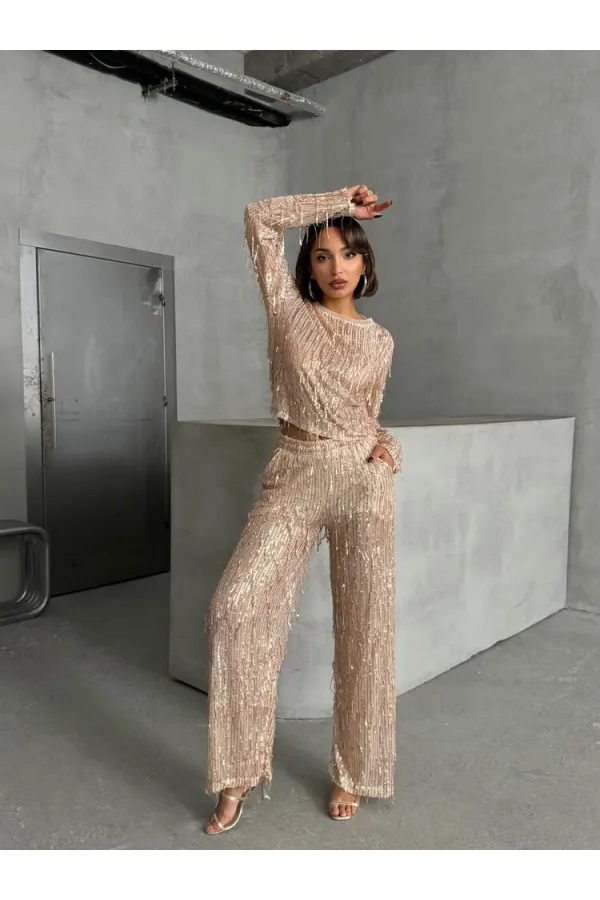 Pullu Tül Toptan Pantolon - Taş Gold | TOPSHOW | F1611