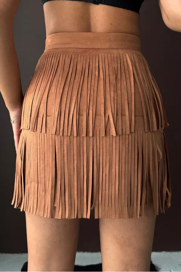 Topshow Tasseled Scuba Suede Skirt - Tan | F2030