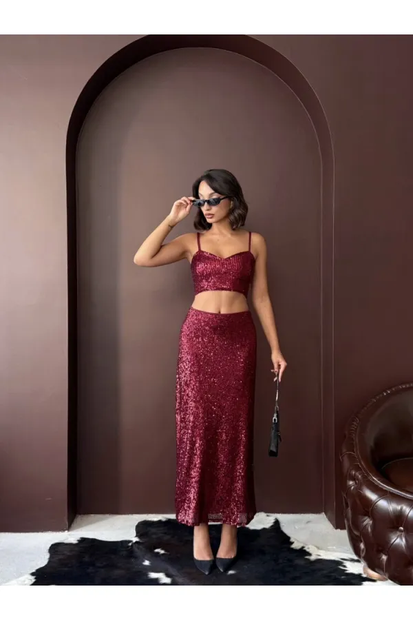 Topshow Bordo Payetli Uzun Etek - Yüksek Bel, Şık Gece Elbisesi Kombini