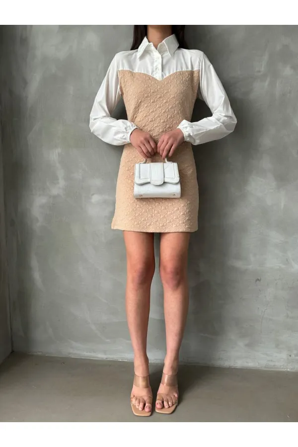 Knee-Length Wholesale Dress with Poplin Sleeves and Chest - Stone | TOPSHOW | F1139