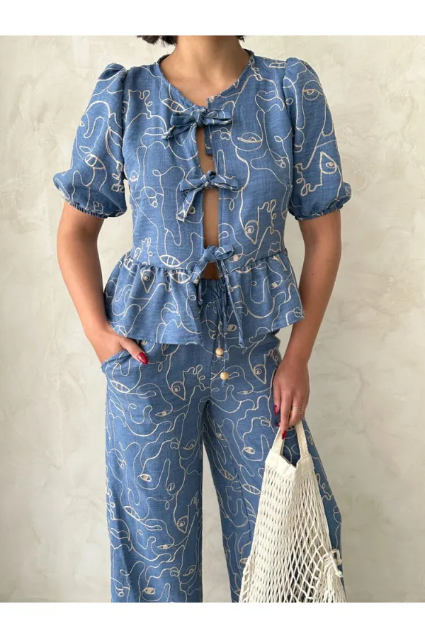 Önden Bağlamalı Nakışlı Toptan Bluz - Koyu Mavi | Topshow