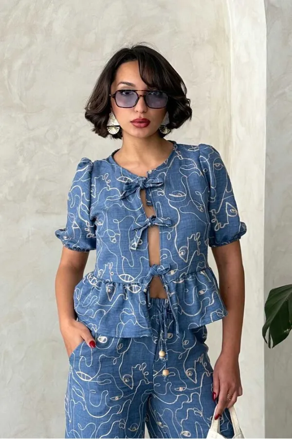 Önden Bağlamalı Nakışlı Toptan Bluz - Koyu Mavi | Topshow