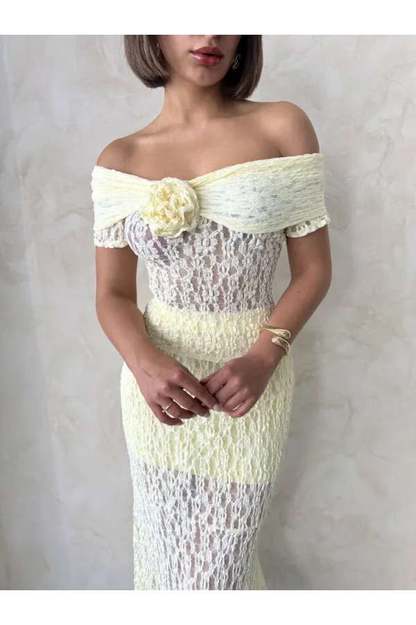 Rose Detailed Lace Blouse - Yellow - D2749 | Topshow