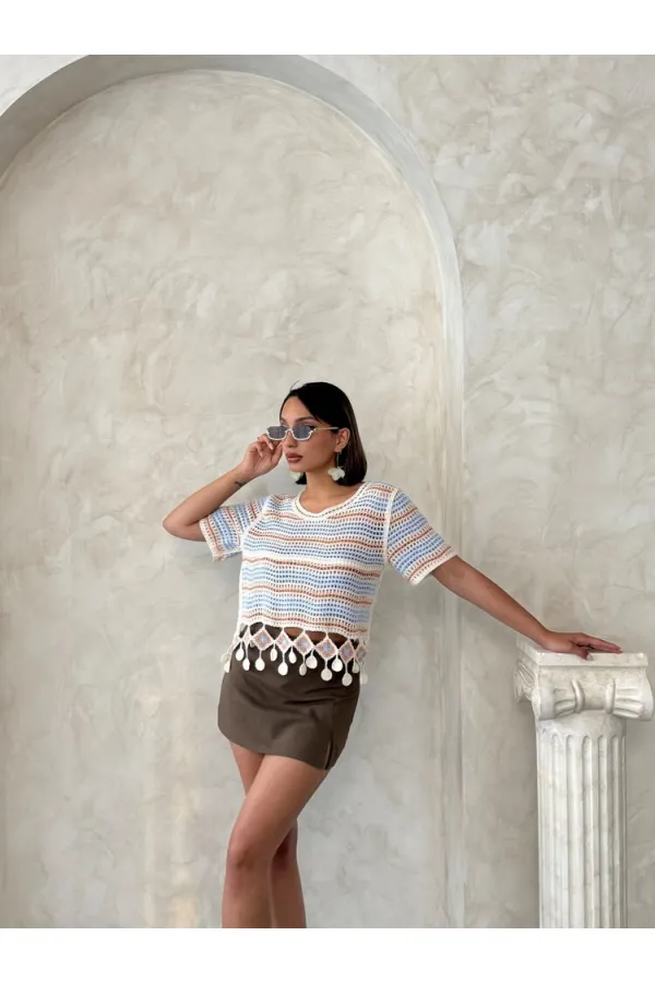 Topshow Orange Mesh Bottom Pompom Wholesale Blouse