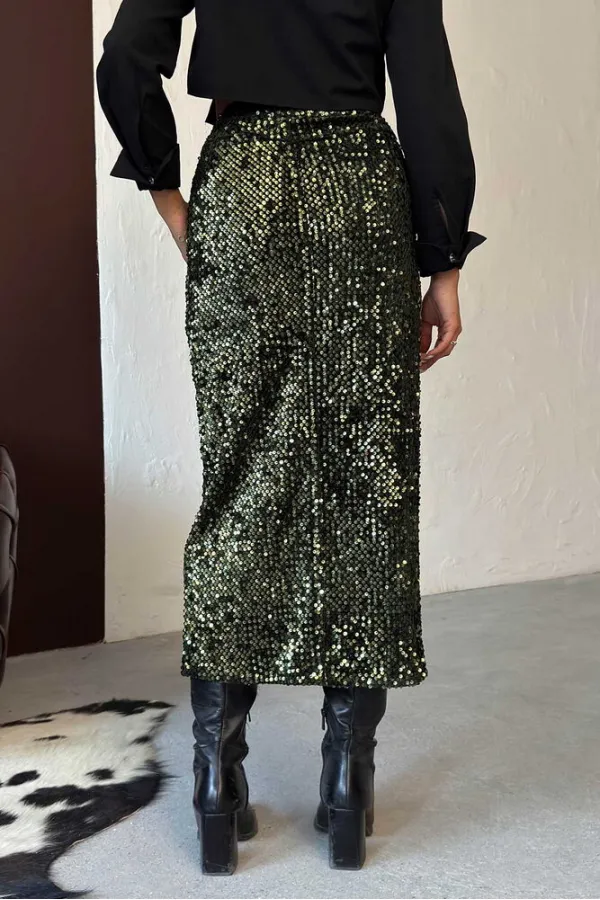 F 2053 SEQUINED VELVET LONG SKIRT - KHAKI