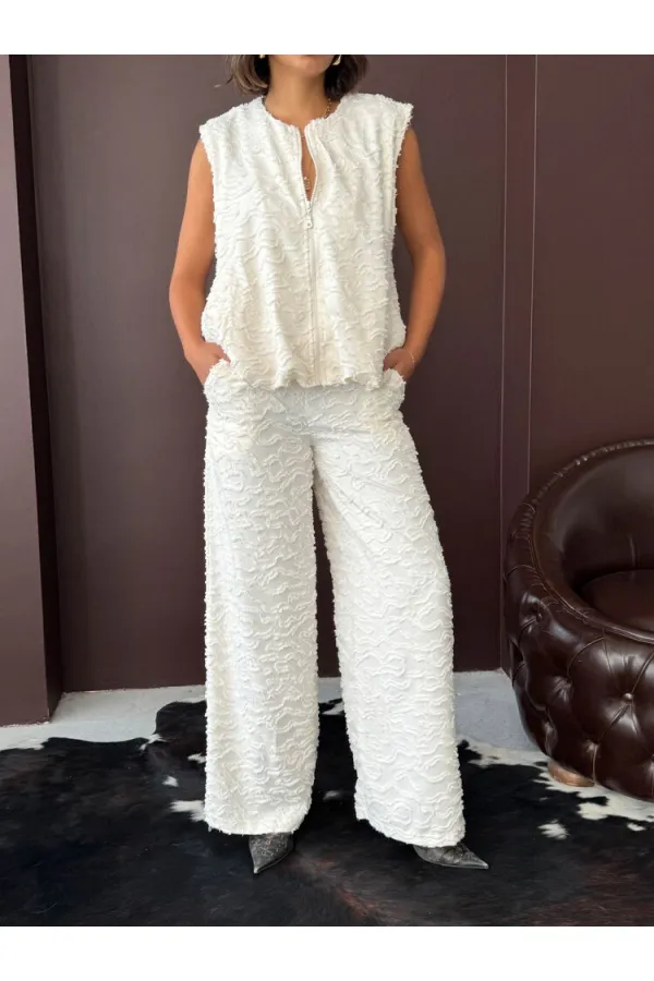 Topshow - Wholesale Jacquard Woven Trousers - Cream