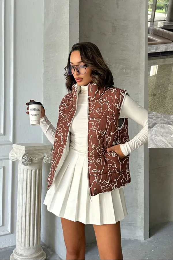 Karışık Baskı Desenli Elyaflı Şişme Toptan Yelek - Kahve | TOPSHOW | F1749