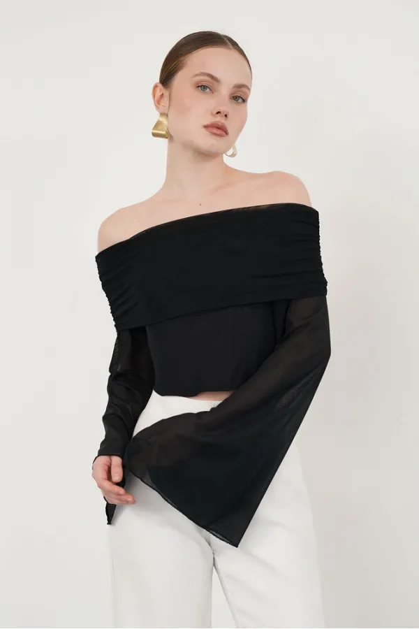 Blouse en tulle à manches longues en gros - Noire | D2977 - Topshow