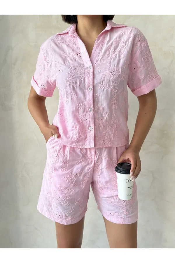 Nakışlı Vual Gömlek - Pembe Topshow